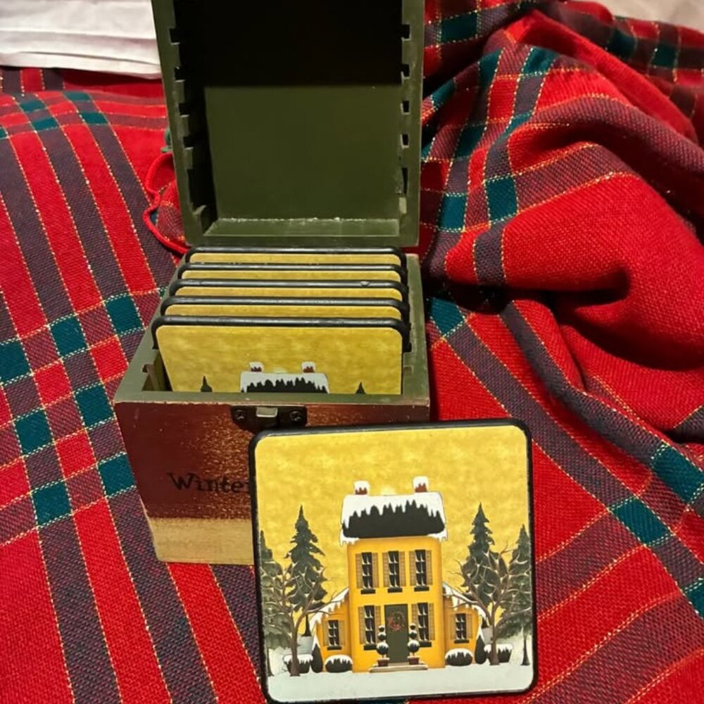Vintage Crazy Mountain WINTER GREETINGS Wooden 6 Coasters in Box